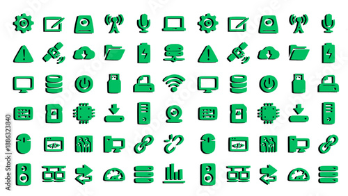Green flat icons for navigation, interface, system, and UI elements. Perfect for software dashboards, apps, and web platforms.