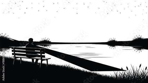 Man sitting on bench by lake silhouette, peaceful nature landscape, relaxation and solitude concept, black vector illustration, outdoor scenery