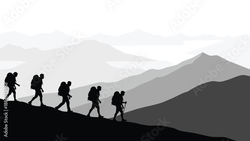 Mountain hiking silhouettes, group of backpackers trekking on hills, adventure travel scene, outdoor expedition, black and grey vector illustration