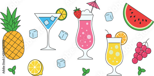 Tropical Fruit and Summer Cocktail Illustration Set Featuring Pineapple, Watermelon, Citrus, and Colorful Drinks in Flat Vector Style