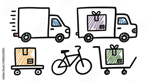 Delivery Icons: This image showcases a collection of simple, hand-drawn icons representing various delivery methods, including delivery trucks, a bicycle, and hand carts, all transporting packages. 