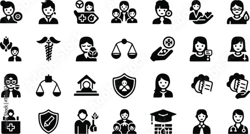 Collection of black and white icons representing various professions and concepts related to law, education, and business