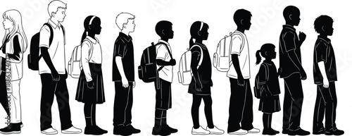 School children silhouettes line, boys and girls with backpacks, education and learning concept, black vector illustration, isolated on white background