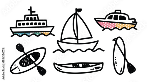Maritime Fleet of Simplified Vessels: Hand-drawn illustrations of varied watercraft, showcasing the simplicity of vessels, the beauty of ocean adventures, and the potential for exploration. 