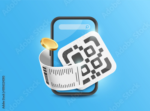 Scan QR code with your mobile phone to pay for online purchases and receipt or invoice will come out, vector 3d illustration isolated on Blue background for online shopping, financial concept design