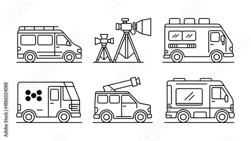 Vehicles: A collection of various vehicles illustrated in a clean, minimalist style, showcasing a range of designs and functions.