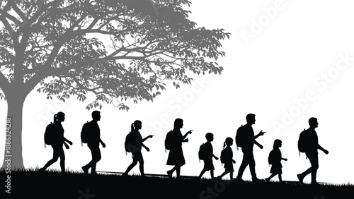 School children silhouettes walking, boys and girls with backpacks, education and learning concept, outdoor scene under tree, black vector illustration