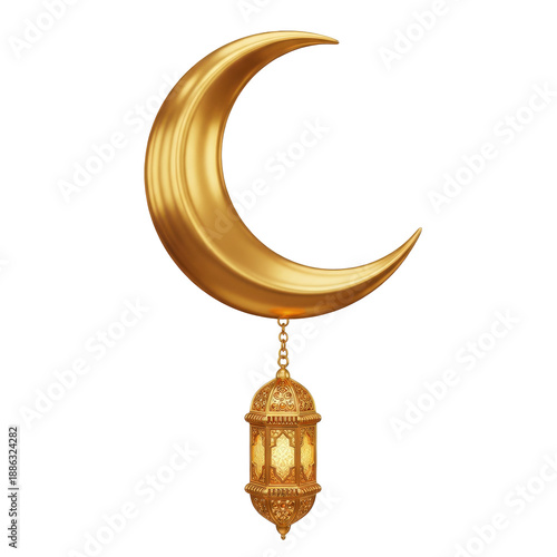 Golden Crescent Moon with Lantern for Ramadan and Eid Celebrations