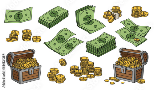 Playful cartoon money and coin icon vector set isolated on transparent background