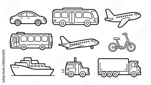 Transportation Variety: An array of transportation options, including car, bus, plane, ship, truck, and bicycle, artfully illustrated, representing diverse mobility.