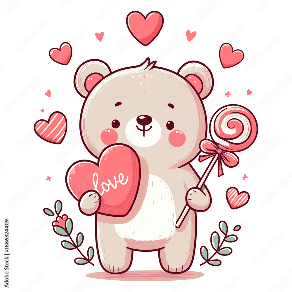 Fototapeta premium Cute Teddy Bear Holding Love Heart and Lollipop