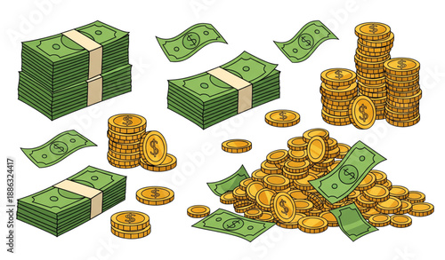 Cartoon money and coin vector icons set with dollar bills and gold coins isolated on transparent background