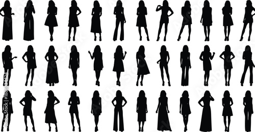 Women silhouettes collection, female standing poses, fashion and lifestyle concept, black vector illustration set, elegant girls isolated on white background