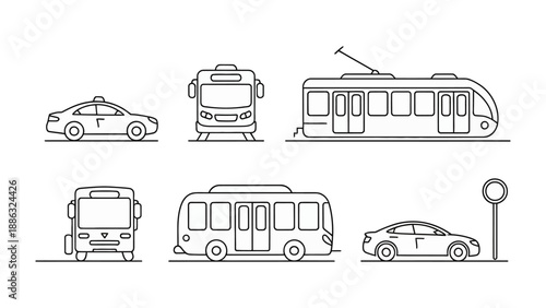 City Transport Icons: A set of simple line art icons showcases a variety of urban transport modes, perfect for conveying movement and travel concepts.