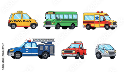 Playful cartoon city transport car vector set with taxis, buses, and emergency vehicles isolated on transparent background