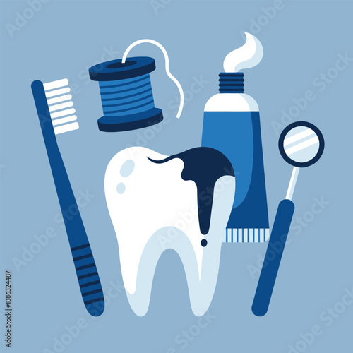 Dental care vector with tooth, toothbrush, and dental floss