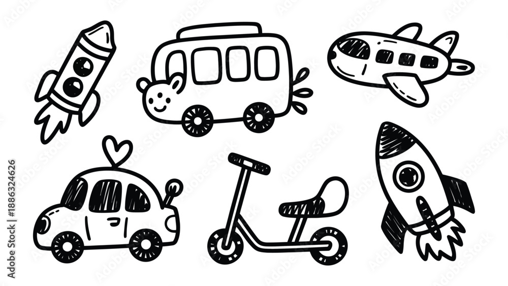 Naklejka premium Playful Transport Collection: Charming hand-drawn illustrations of vehicles, including a rocket, bus, airplane, car, scooter, evoking a sense of adventure and imaginative travel for any kid.