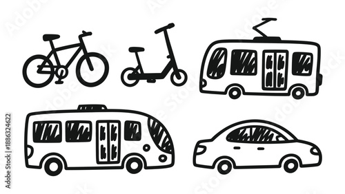 Sketchy transport: A hand-drawn illustration showcases a bicycle, scooter, tram, bus, and car. This illustration encapsulates the various modes of transport in a city.