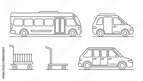 Vehicle Variety: An array of various vehicles, rendered in a clean, illustrative style, showcasing a bus, a minivan, a cart, and a sedan