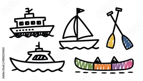 Vessel doodles: A collection of simple, playful line drawings depicting various water vessels, perfect for nautical-themed projects.