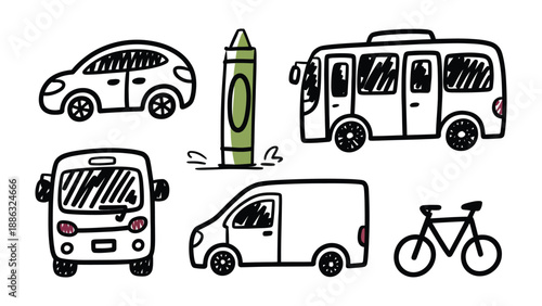 Vehicle Lineup: A charming collection of sketched vehicles, including a car, bus, van, and bicycle, alongside a vibrant crayon, all set against a clean backdrop.