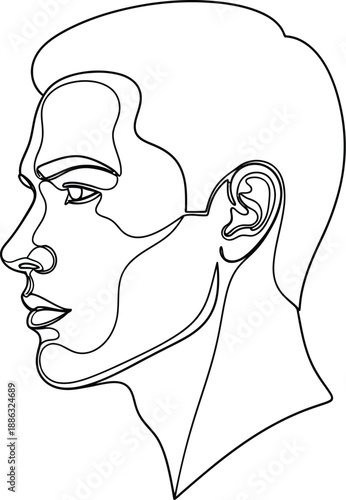 Minimalist continuous line drawing portrait of a young man in profile against a white background