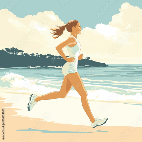 running woman at seacoast, stylized vector illustration , vector style simple color