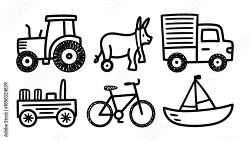Line art of Transport vehicles and animal: A collection of simple line art illustrations showcases a variety of vehicles and an animal, rendered in a minimalistic style perfect for graphic design.