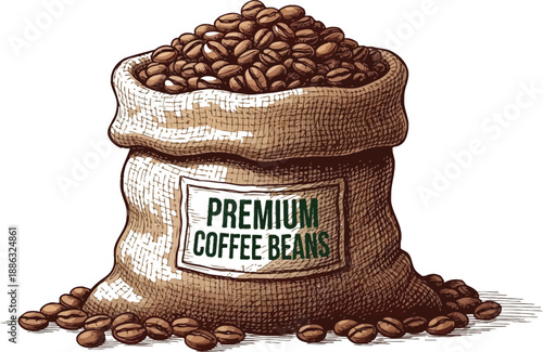 Vintage sketch style burlap sack overflowing with premium roasted coffee beans ready for brewing