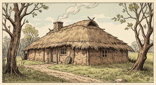 Rustic thatched roof farmhouse illustration depicting historical rural life with smoke rising from chimney