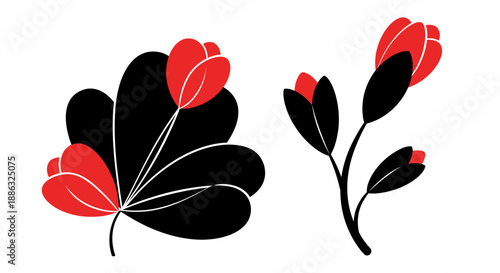 Modern minimalist graphic illustration featuring stylized red and black botanical elements, perfect for contemporary design projects, decorative accents, and artistic patterns