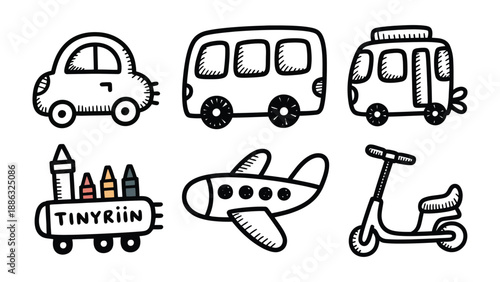 Childlike Transportation Delights: a playful collection of hand-drawn vehicles. This endearing ensemble of transportation icons captures the imagination, perfect for projects aimed at children.