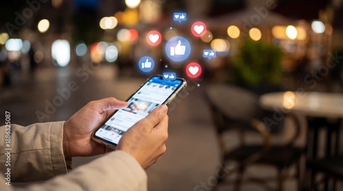 Person using smartphone with social media app in warm outdoor cafe lighting at night for mobile marketing
