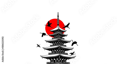Striking illustration of a traditional Japanese pagoda surrounded by flying cranes with the sun in the background, evoking a sense of peace and cultural heritage