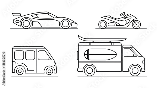 Vehicular Variety: A collection of various vehicles, including a sports car, motorcycle, van, and surfboard-laden truck, outlined against a backdrop, inviting exploration of mobility and design.