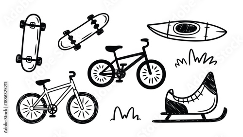 Outdoor Recreation Doodle: A delightful illustration showcases a variety of outdoor recreational items, ready for thrilling adventures and leisure pursuits.