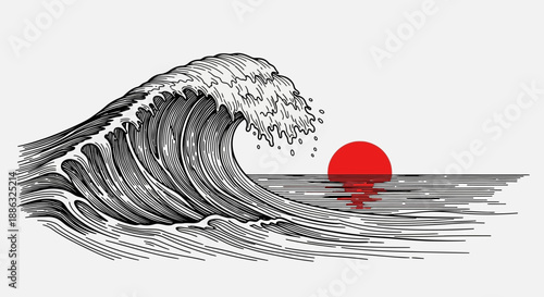 Striking Hand-Drawn Engraving Style Ocean Wave Crashing with a Vibrant Red Sun Reflected on the Water, Evoking Serenity and Natural Power
