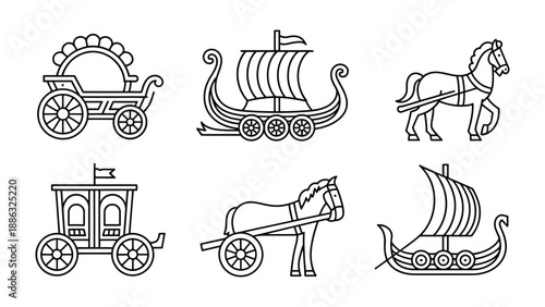 Ancient Transportation: A collection of intricately drawn icons depicting various modes of historical transport, from Viking ships to horse-drawn carriages.