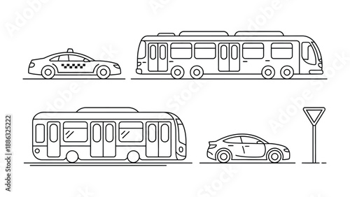 Urban Transit Icons: A collection of meticulously drawn black and white line icons showcases the essence of urban transportation, highlighting various vehicle types used in the bustling city.