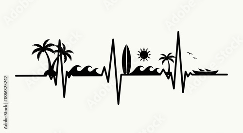 Heartbeat graphic with tropical beach elements palm trees, waves, sun, surfboard, and boat, representing passion for summer, ocean adventures, and coastal lifestyle