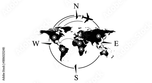 World map with compass and airplane routes illustrating global travel and exploration