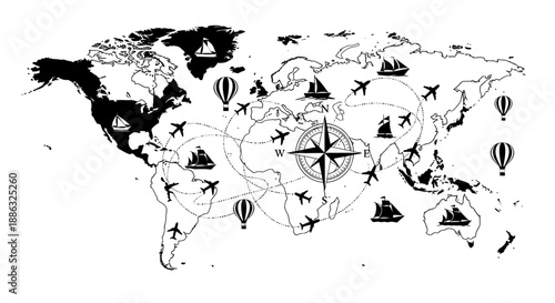 Detailed World Map Outline with Various Transportation Icons and Central Compass Rose Symbolizing Global Travel, Exploration, and Adventure Journeys Across Continents