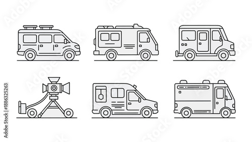 Vehicles in Line Art: A set of various vehicles, including a van, and an ambulance, are artfully presented in a sleek, minimalist style with clean lines and subtle details. 