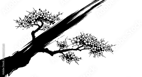 Dynamic black ink illustration of a flowering branch, capturing minimalist elegance and serene beauty through expressive brushstrokes, a nod to traditional Asian painting