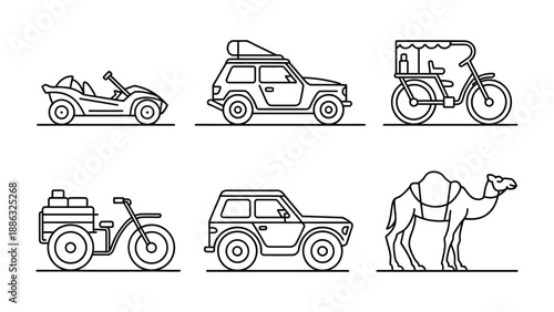 Transportation Lineup: A diverse collection of transportation modes, each depicted in a clean, minimalist line art style, showcasing the essence of mobility and travel. 