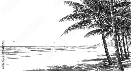 Detailed pencil drawing of tropical palm trees lining a serene ocean beach with gentle waves and bright sky