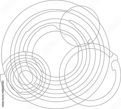 Abstract black and white line art composition featuring overlapping and distorted concentric circles design