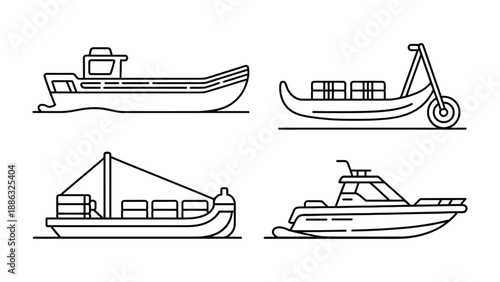 Variety of Vessels: A collection of various vessels, each uniquely designed, navigating the seas, providing a glimpse into the diverse world of water transportation.
