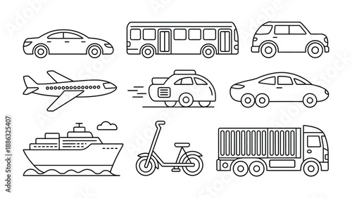 Variety of Transport: Diverse line art illustrations of modern transport, offering a glimpse into the various ways we move and connect across distances.