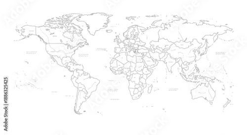 Blank political world map outline showing country borders ready for coloring or educational labeling exercises